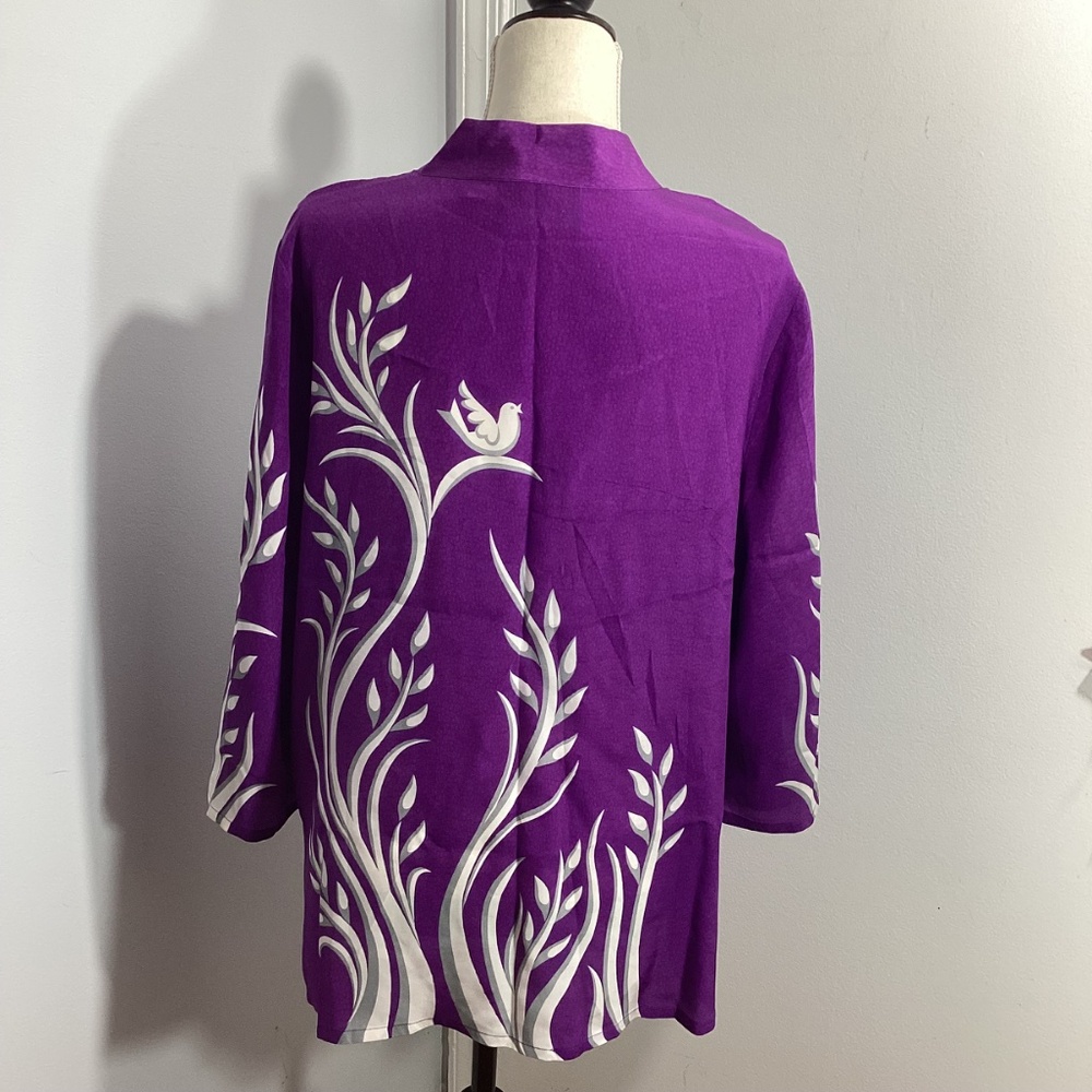BOB MACKIE WEARABLE ART SIZE L 100% SILK PURPLE BLOUSE BUTTERFLY - Picture 3 of 11